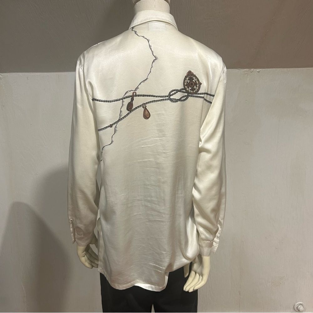 Horst Basler Vintage Shoulder Pads White Satin Blouse Chain Globe print - Picture 11 of 13